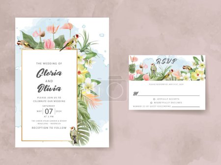 Téléchargez les illustrations : Exotique floral tropical carte d'invitation de mariage - en licence libre de droit