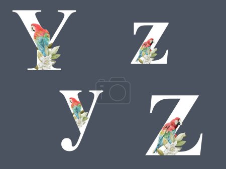 Téléchargez les illustrations : Alphabet dissous avec illustration tropicale florale - en licence libre de droit