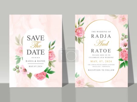Ilustración de Hermosa plantilla de tarjeta de invitación de boda floral rosa - Imagen libre de derechos