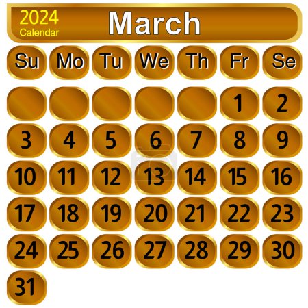 Illustration pour Mars mois 2024 calendrier - image libre de droit