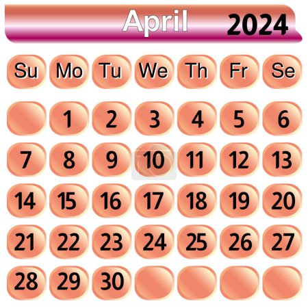 April month 2024 calendar in pink color Vector illustration