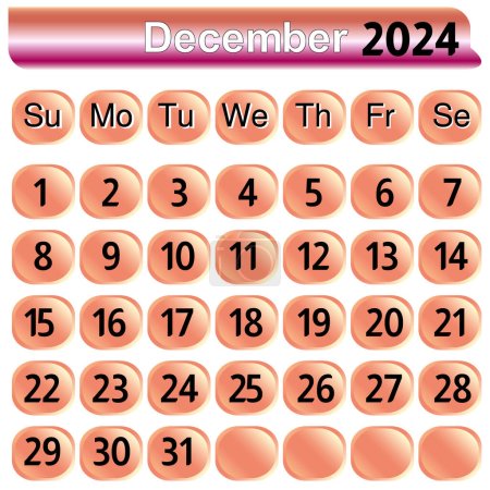 December month calendar 2024 in pink color Illustration. set of numbers for the month of December 2024