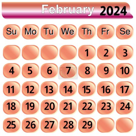 Février mois 2024 calendrier en couleur rose Illustration vectorielle. boutons pour le calendrier de février 2024