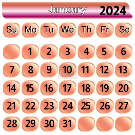January month 2024 calendar in pink color Vector illustration