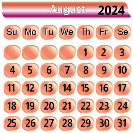 August month calendar 2024 in pink color Illustration. set of calendar Vector illustration