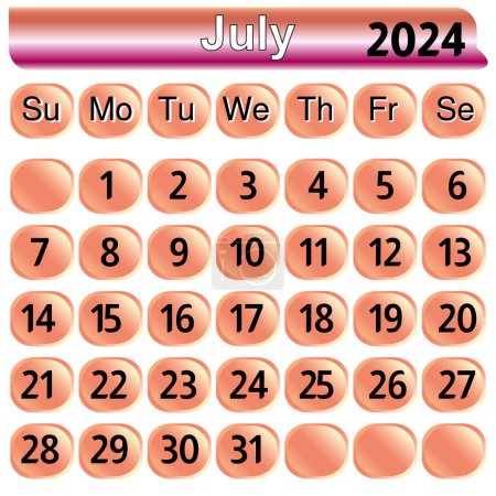 Monthly calendar for July 2024. July month 2024 calendar in pink color Vector illustration