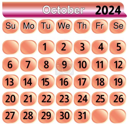 October month calendar 2024 in pink color. the Calendar for the month of octuber 2024 on a white background.