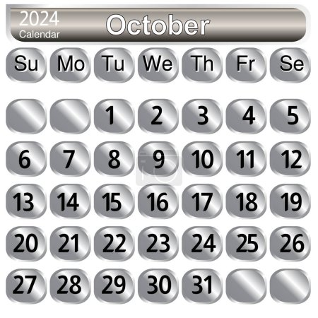 Illustration for October month calendar 2024 Vector set of silver buttons with numbers and symbols. - Royalty Free Image