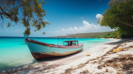 Foto de Hermoso mar caribeño y barco en la orilla de la exótica isla tropical, vista panorámica desde la playa. Foto de alta calidad - Imagen libre de derechos