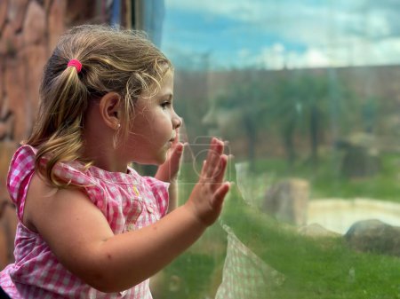 A young girl in a pink gingham dress presses her hands against a window, looking out with a curious and attentive expression.