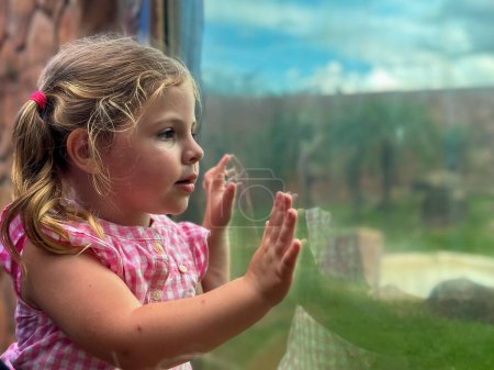 A young girl in a pink gingham dress looks out a window, her hands pressed against the glass, deep in thought.