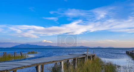 Foto de Muelle en lago titicaca con cielo azul y plantas verdes - Imagen libre de derechos