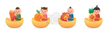 Set of cute kids and Chinese lunar new year elements, golden ingot and red paper bag, vector cartoon style, Chinese translation: Spring and Blessing