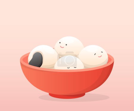 A bowl of glutinous rice balls with playful and cute expressions and mascots, glutinous rice sweets in Asia, traditional dim sum for Lantern Festival or Winter Solstice