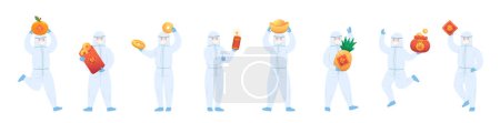 Illustration for Nursing staff or doctors or scientists or medical experts team with protective clothing and Chinese New Year elements, Chinese translation: money and fortune - Royalty Free Image