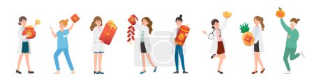 Female team of nurses or doctors or scientists or medical experts with Chinese New Year elements, Chinese translation: money and blessing