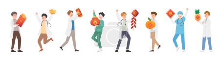 Male team of nurses or doctors or scientists or medical experts with Chinese New Year elements, Chinese translation: money, fortune, spring