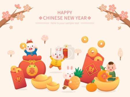 Illustration for Poster for Chinese New Year, cute rabbit character or mascot, red paper bag or coin or gold ingot, new year elements, Chinese translation: spring and money - Royalty Free Image