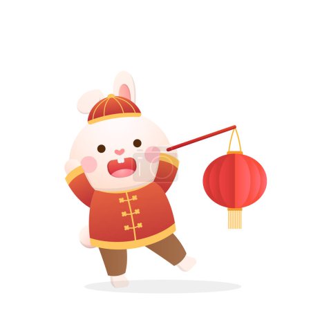 Ilustración de Lindo personaje de conejo o mascota con linterna roja, Año Nuevo Chino o Festival de la Linterna o Solsticio de Invierno, festival tradicional y cultura en Asia - Imagen libre de derechos