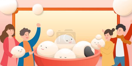 Illustration for Happy family and friends celebrating Lantern Festival or Winter Solstice, glutinous rice sweet food tangyuan in Asia, poster design with border - Royalty Free Image
