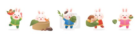 Illustration for A group of playful and cute rabbits and Chinese Dragon Boat Festival traditional food Zongzi, delicious glutinous rice wrapped in bamboo leaves - Royalty Free Image