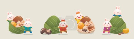 Téléchargez les illustrations : 4 sortes de lapins mignons et chinois Dragon Boat Festival nourriture traditionnelle Zongzi, riz gluant enveloppé dans des feuilles de bambou - en licence libre de droit