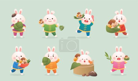 8 mascottes de lapin mignon avec de la nourriture chinoise Zongzi pour célébrer Dragon Boat Festival