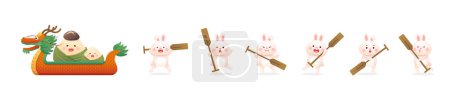 Illustration for The cute mascots of a dragon-shaped boat and a rabbit rowing a boat and rice dumplings celebrate the Dragon Boat Festival - Royalty Free Image