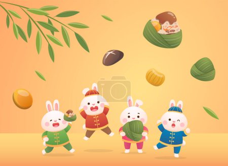 Illustration for Yellow Dragon Boat Festival greeting card design, playful rabbit mascot and glutinous rice food dumplings, happy to celebrate the holiday - Royalty Free Image