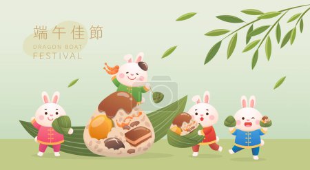 Ilustración de Picnic con conejos lindos, deliciosas albóndigas de arroz, festivales en China y Taiwán, traducción al chino: Dragon Boat Festival - Imagen libre de derechos