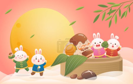 Ilustración de La luna y lindos conejos y albóndigas de arroz y vapores de bambú, carteles para el Festival del Barco del Dragón, festivales tradicionales en China y Taiwán - Imagen libre de derechos