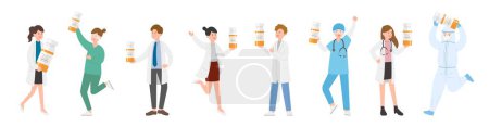 Illustration for Paramedic man or woman doctor or laboratory staff composition, medical specialist with antibiotic or vaccine, doctor team concept, medical office or laboratory, cartoon vector - Royalty Free Image