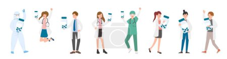 Illustration for Paramedic man or woman doctor or laboratory staff composition, medical specialist with medicine jars and capsules, doctor team concept, medical office or laboratory, cartoon vector - Royalty Free Image