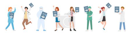 Illustration for Paramedic man or woman doctor or laboratory staff combination, medical specialist with x-ray, doctor team concept, medical office or laboratory, cartoon vector - Royalty Free Image