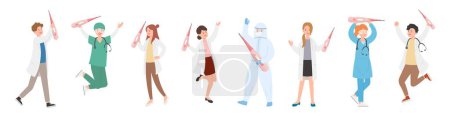 Illustration for Paramedic man or woman doctor or laboratory staff composition, medical specialist with electronic medical thermometer, doctor team concept, medical office or laboratory, cartoon vector - Royalty Free Image