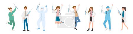 Illustration for Paramedic man or woman doctor or laboratory staff composition, medical specialist with syringe or vaccine, doctor team concept, medical office or laboratory, cartoon vector - Royalty Free Image