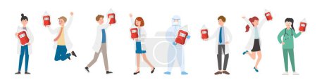 Illustration for Paramedic man or woman doctor or laboratory staff composition, medical specialist with blood bag, doctor team concept, medical office or laboratory, cartoon vector - Royalty Free Image