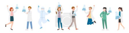 Illustration for 8 paramedic man or woman doctor or laboratory staff composition, medical worker with glass beaker, experiment and chemistry, cartoon vector - Royalty Free Image