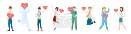 Illustration for 8 paramedic man or woman doctor or experimenter composition, medical worker with electrocardiogram, heart with blood pressure and heartbeat, cartoon vector - Royalty Free Image