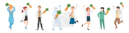 Illustration for 8 paramedic man or woman doctor or experimenter composition, medical worker with carrot, farm product cartoon vector - Royalty Free Image