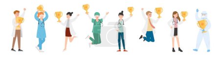 Illustration for Group of 8 paramedics man or woman doctor or experimenter, medical worker with trophy and champion, cartoon vector - Royalty Free Image