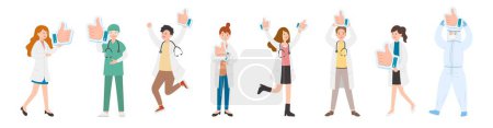 Illustration for 8 paramedic man or woman doctor or laboratory staff composition, medical worker with thumbs up symbol, ok sign, clenched fist and thumbs up, cartoon vector - Royalty Free Image