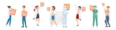 Illustration for 8 paramedic man or woman doctor or laboratory staff composition, medical worker with alarm clock or clock, important reminder, cartoon vector - Royalty Free Image