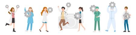 Illustration for 8 paramedic man or woman doctor or laboratory staff composition, medical worker with gears, cartoon vector - Royalty Free Image