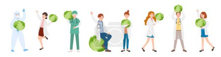 Illustration for 8 paramedic man or woman doctor or laboratory staff composition, medical worker with vegetables, agricultural products cartoon vector - Royalty Free Image