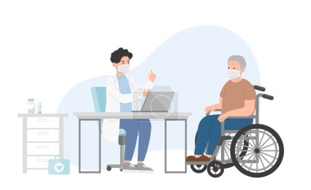 Téléchargez les illustrations : Homme patient avec fauteuil roulant dans le cabinet du médecin pour consultation médicale ou traitement diagnostique, concept de soins de santé, personnel infirmier et médical - en licence libre de droit