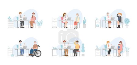 Illustration for Set of man and woman patient in doctor office for medical consultation or diagnosis treatment, healthcare concept, nursing and medical staff - Royalty Free Image