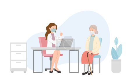 Illustration for Elderly woman patient in doctor office for medical consultation or diagnosis treatment, healthcare concept, nursing with medical staff - Royalty Free Image