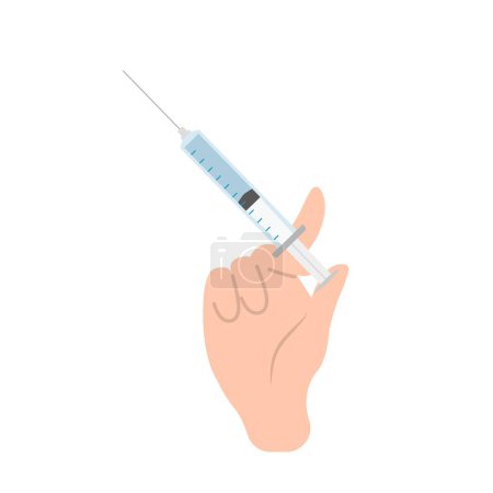 Ilustración de Primer plano de la mano vacunada, jeringa con gesto de mano, icono vectorial para la inyección de la vacuna contra el coronavirus de la gripe - Imagen libre de derechos