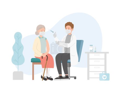 Illustration for Doctor or paramedic in a clinic or hospital giving an old woman vaccine against virus, coronavirus immunization, flu shot, healthcare - Royalty Free Image